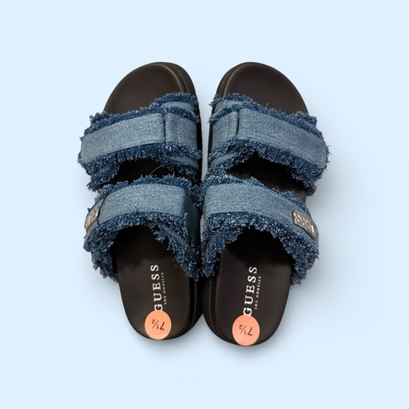 Guess Blue Denim Frayed Slide Sandals - Picture 2 of 13